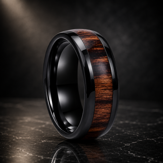 Tungsten Ring with Deep Redwood Inlay