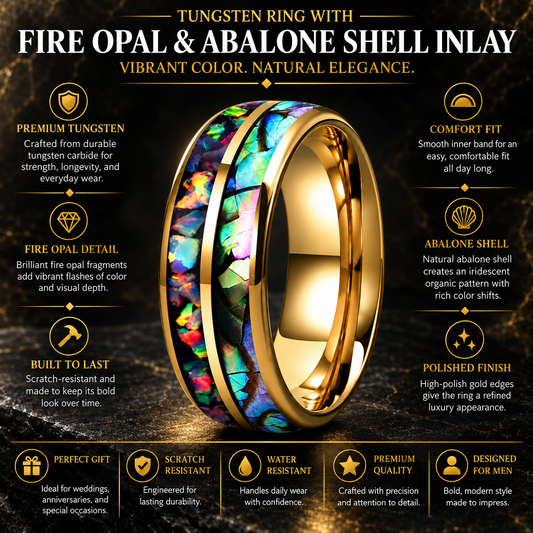 Tungsten Ring with Fire Opal and Abalone Shell Inlay