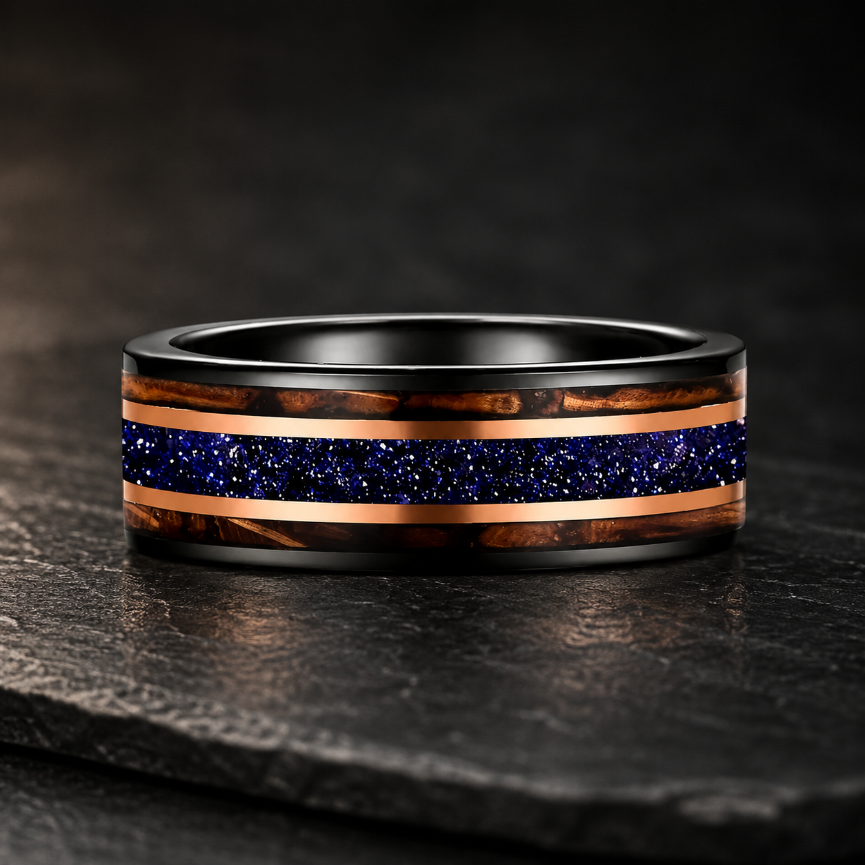 Tungsten Ring with Galaxy Sandstone & Whiskey Barrel Wood Inlay
