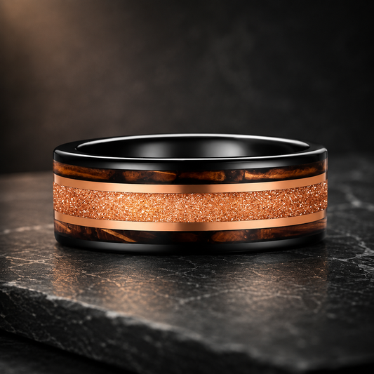 Tungsten Ring with Galaxy Sandstone & Whiskey Barrel Wood Inlay