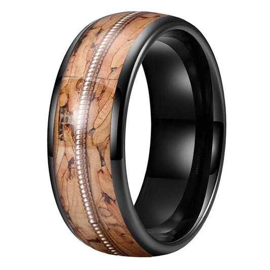 Tungsten Ring with Guitar String & Brown Wood Inlay