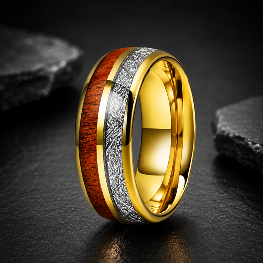 Tungsten Ring with Koa Wood & Meteorite Inlay