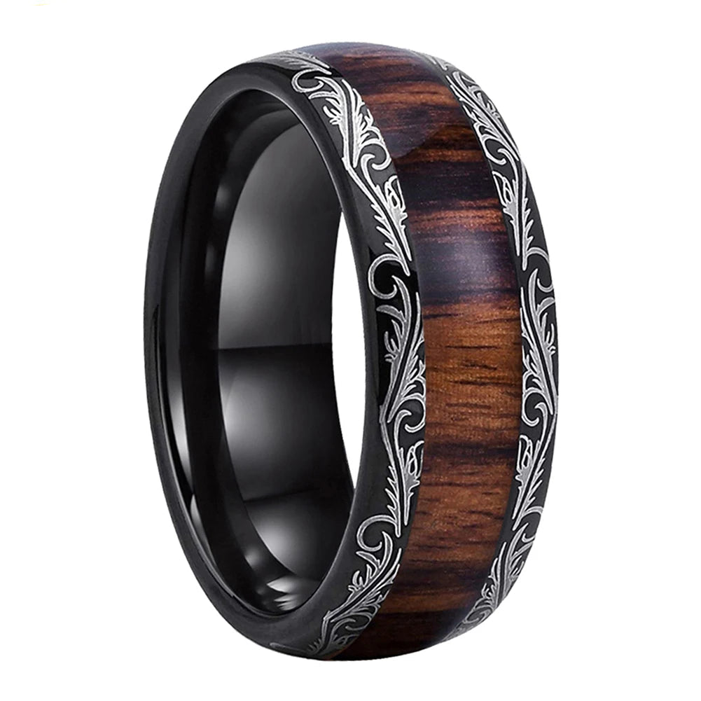 Tungsten Ring with Leaf Vein, Koa & Dark Red Wood Inlay