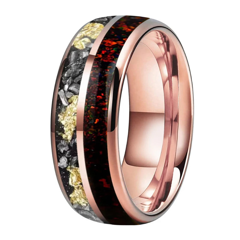 Tungsten Ring with Meteorite Gold Foil and Red Opal Inlay