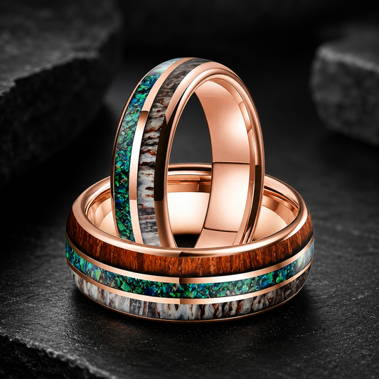 Tungsten Ring with Opal, Deer Antler and Redwood Inlay