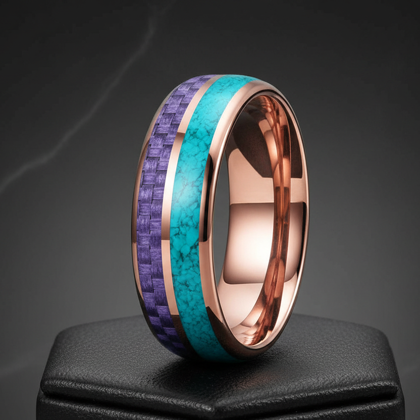 6mm Tungsten Ring with Purple Carbon Fiber & Turquoise