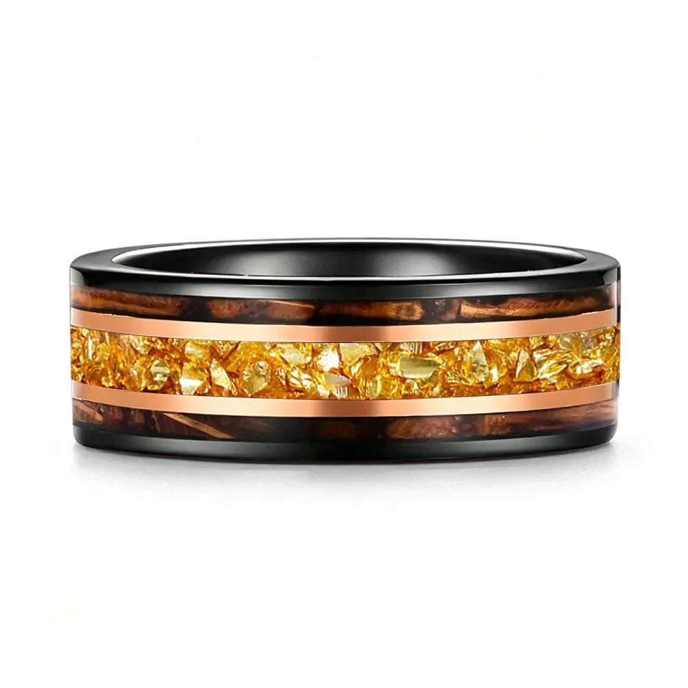 Tungsten Ring with Whiskey Barrel Wood & Rose Gold Stripes