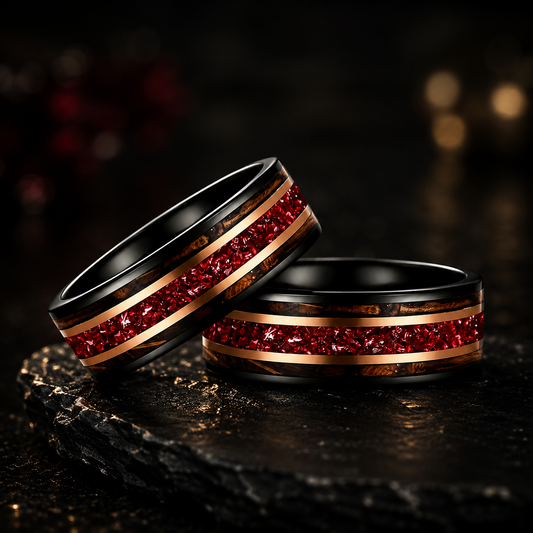 Tungsten Ring with Whiskey Barrel Wood & Rose Gold Stripes