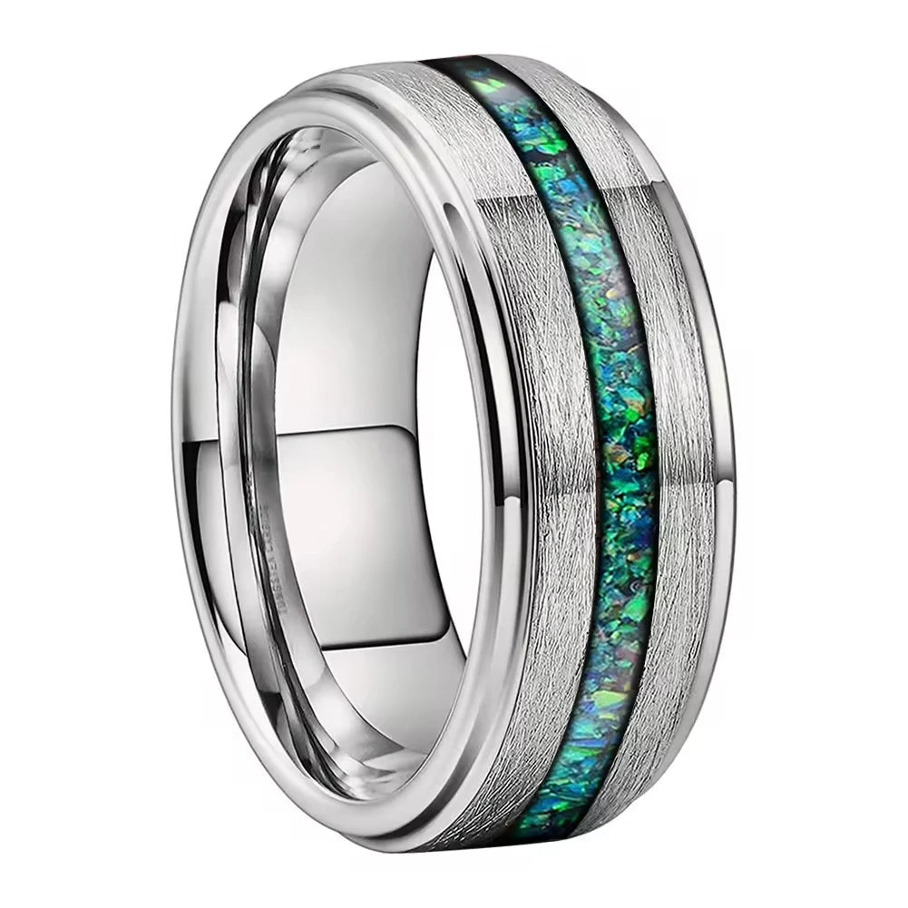 Tungsten Wedding Band featuring Real Green Opal Inlay