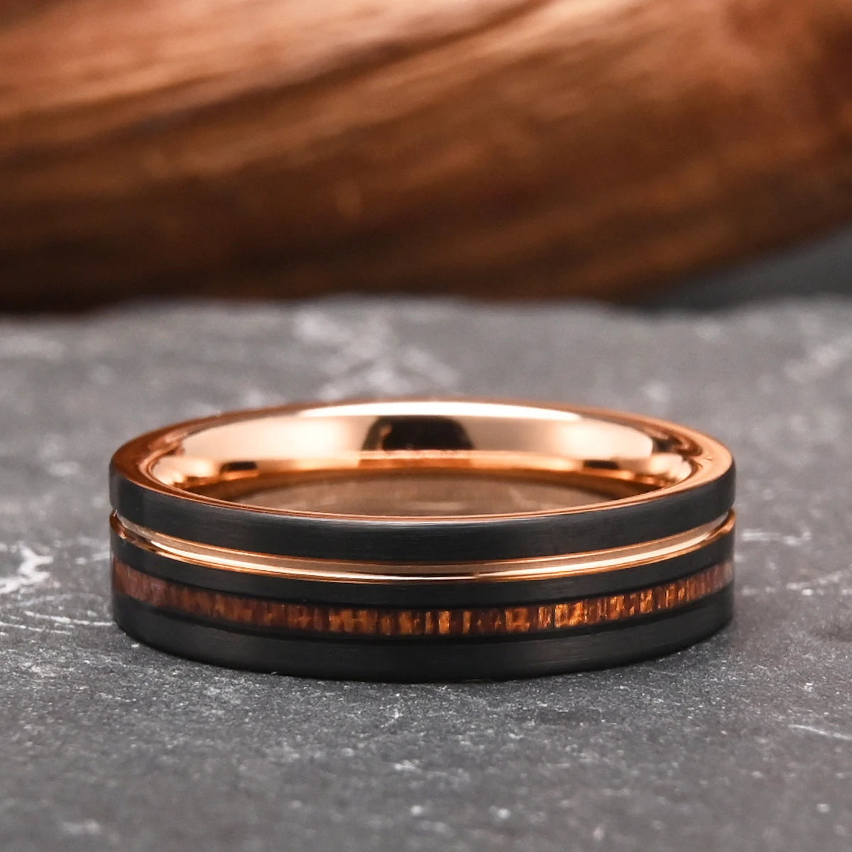 Tungsten Wedding Ring with Wood Inlay & Rose Gold – 6MM/8MM