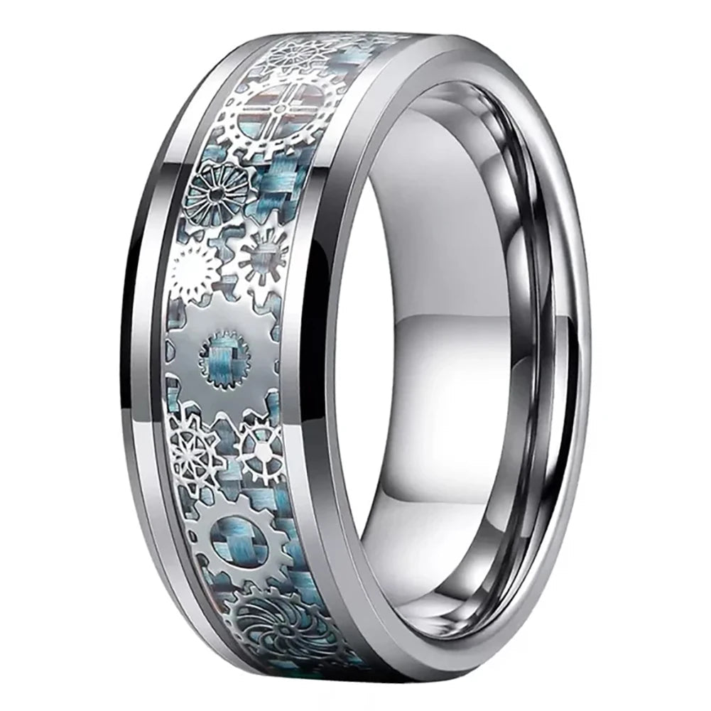 Unique Gear Wheel Inlay Tungsten Wedding Band