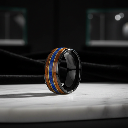 Whiskey Wood Guitar String Lapis Tungsten Ring