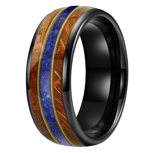 Whiskey Wood Guitar String Lapis Tungsten Ring