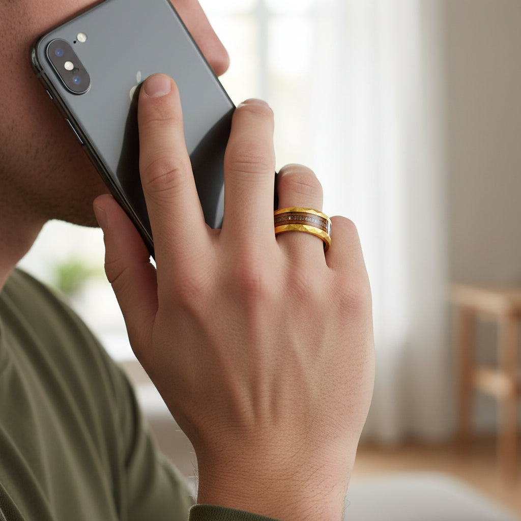 Whiskey Barrel Wood Hammered Gold Band Ring