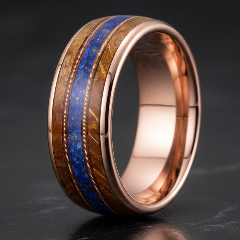Whiskey Wood Guitar String Lapis Tungsten Ring