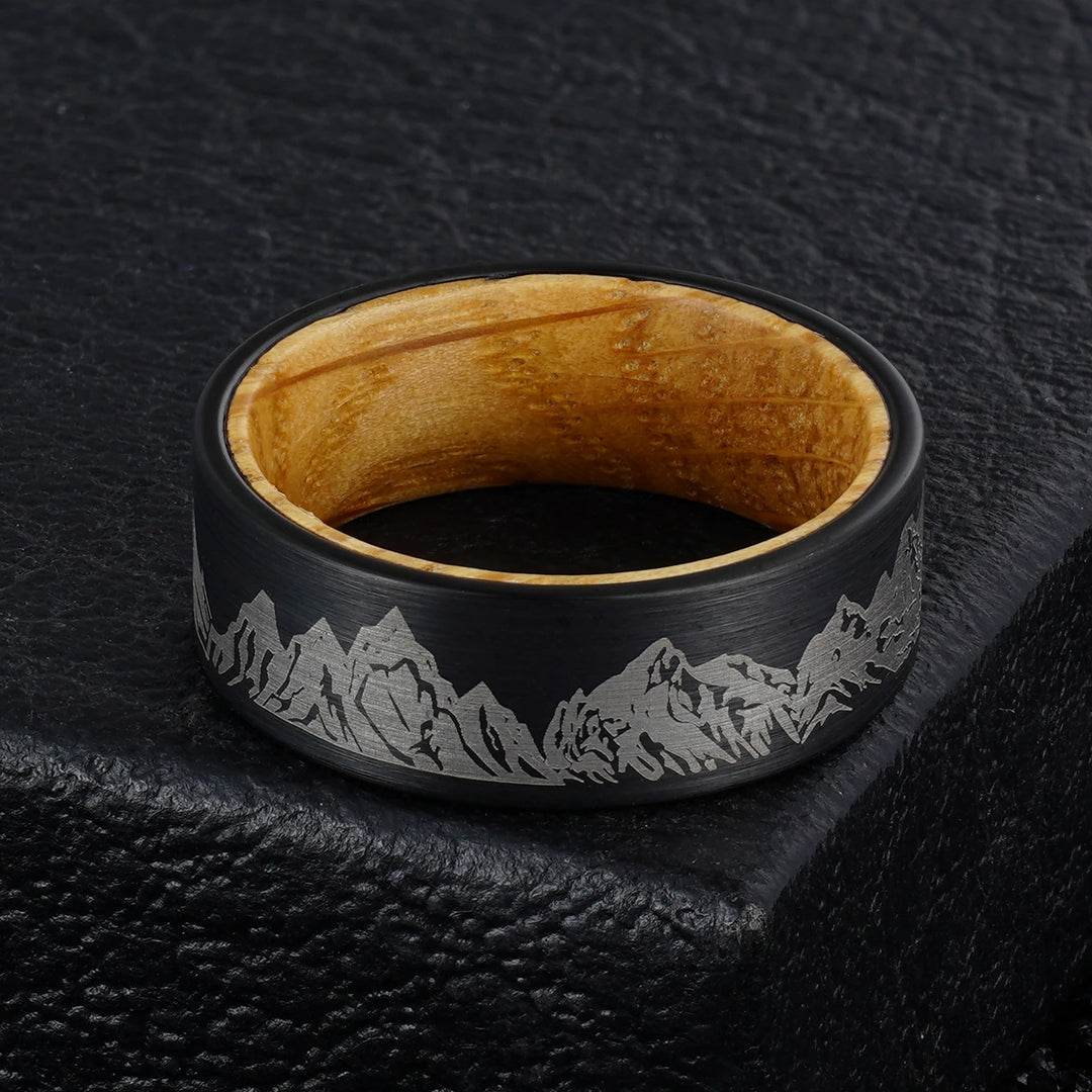 Whiskey Wood Liner And Mountain Etched Tungsten Carbide Ring