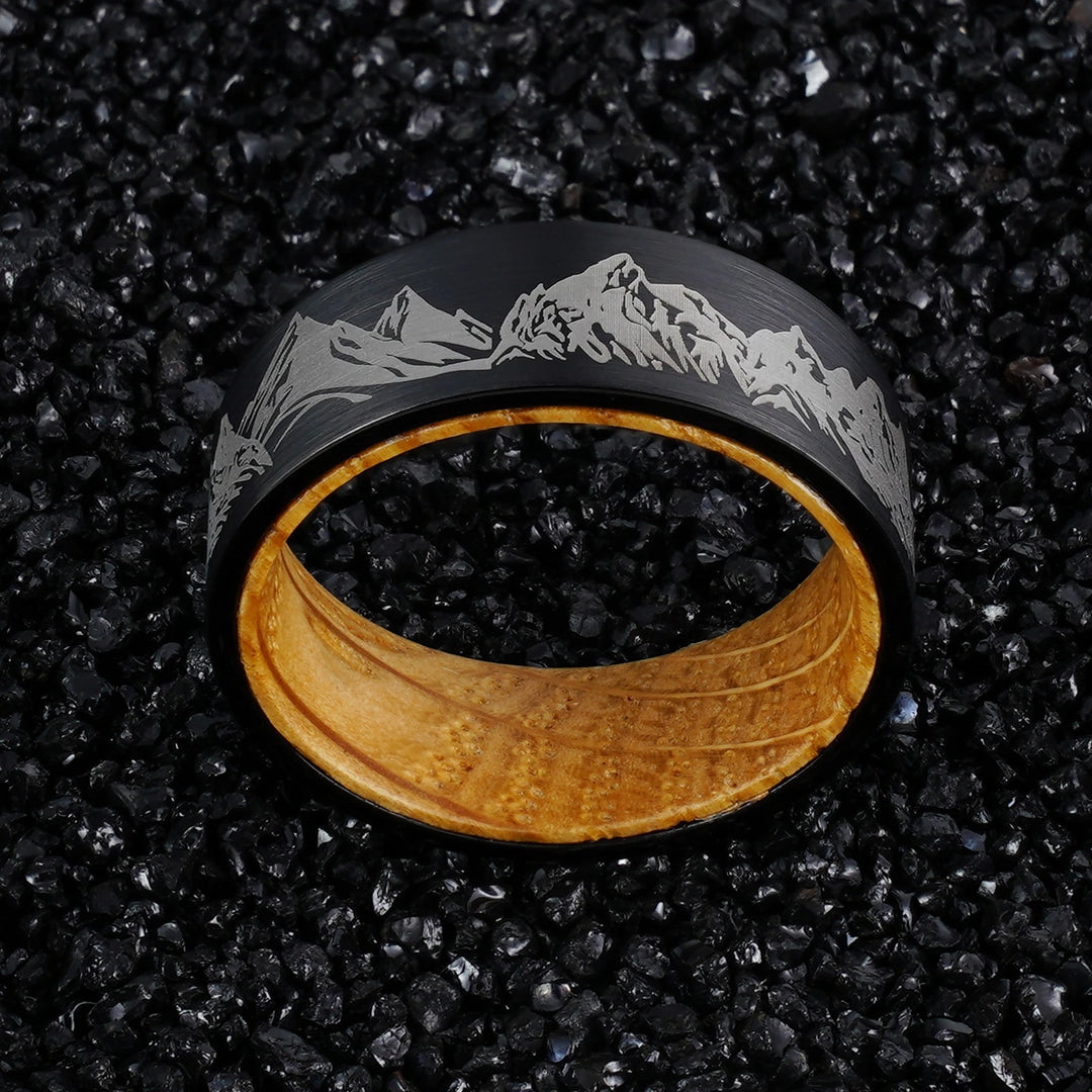 Whiskey Wood Liner And Mountain Etched Tungsten Carbide Ring