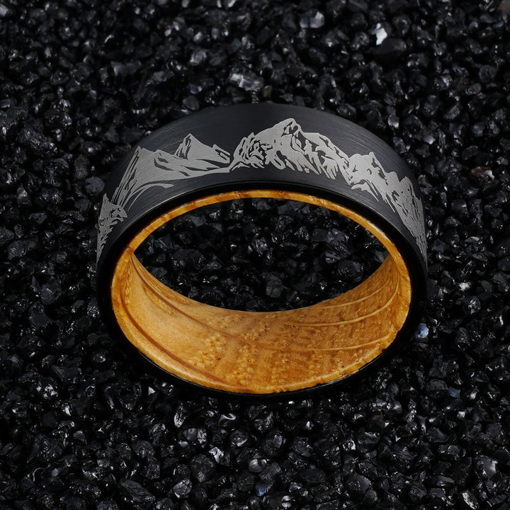 Whiskey Wood Liner And Mountain Etched Tungsten Carbide Ring