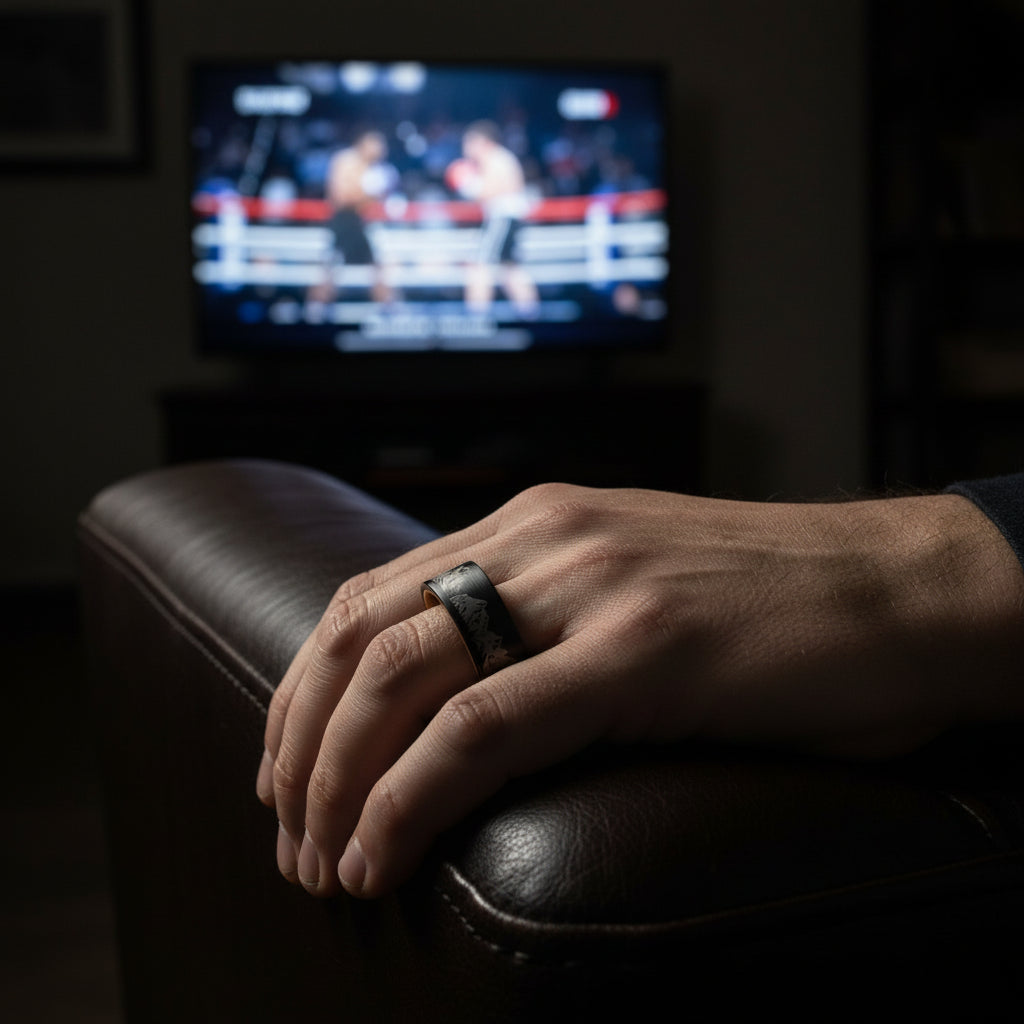 Whiskey Wood Liner And Mountain Etched Tungsten Carbide Ring