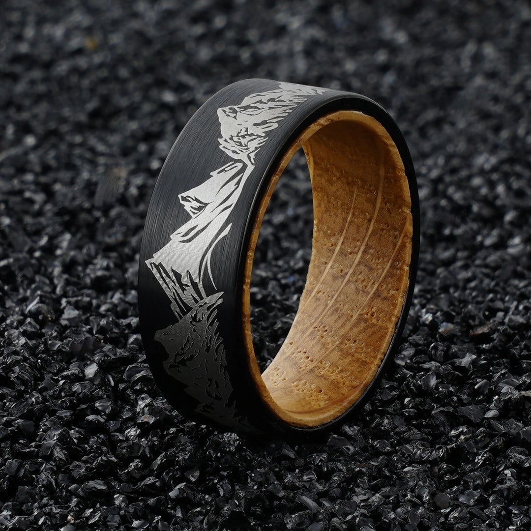 Whiskey Wood Liner And Mountain Etched Tungsten Carbide Ring