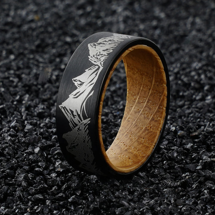Whiskey Wood Liner And Mountain Etched Tungsten Carbide Ring