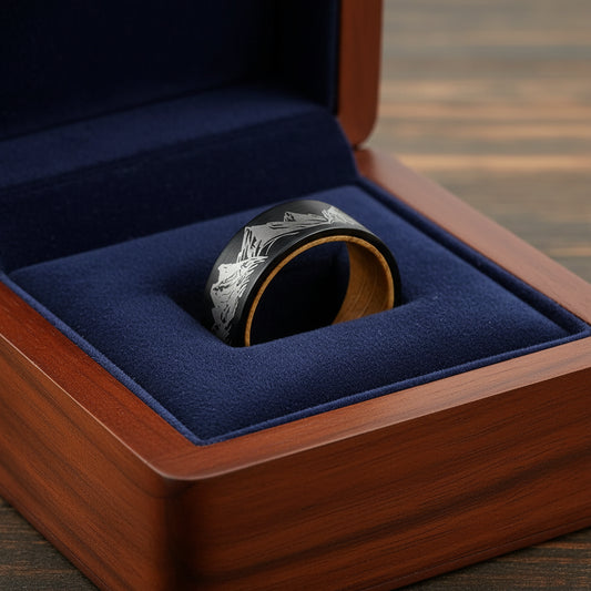 Whiskey Wood Liner And Mountain Etched Tungsten Carbide Ring