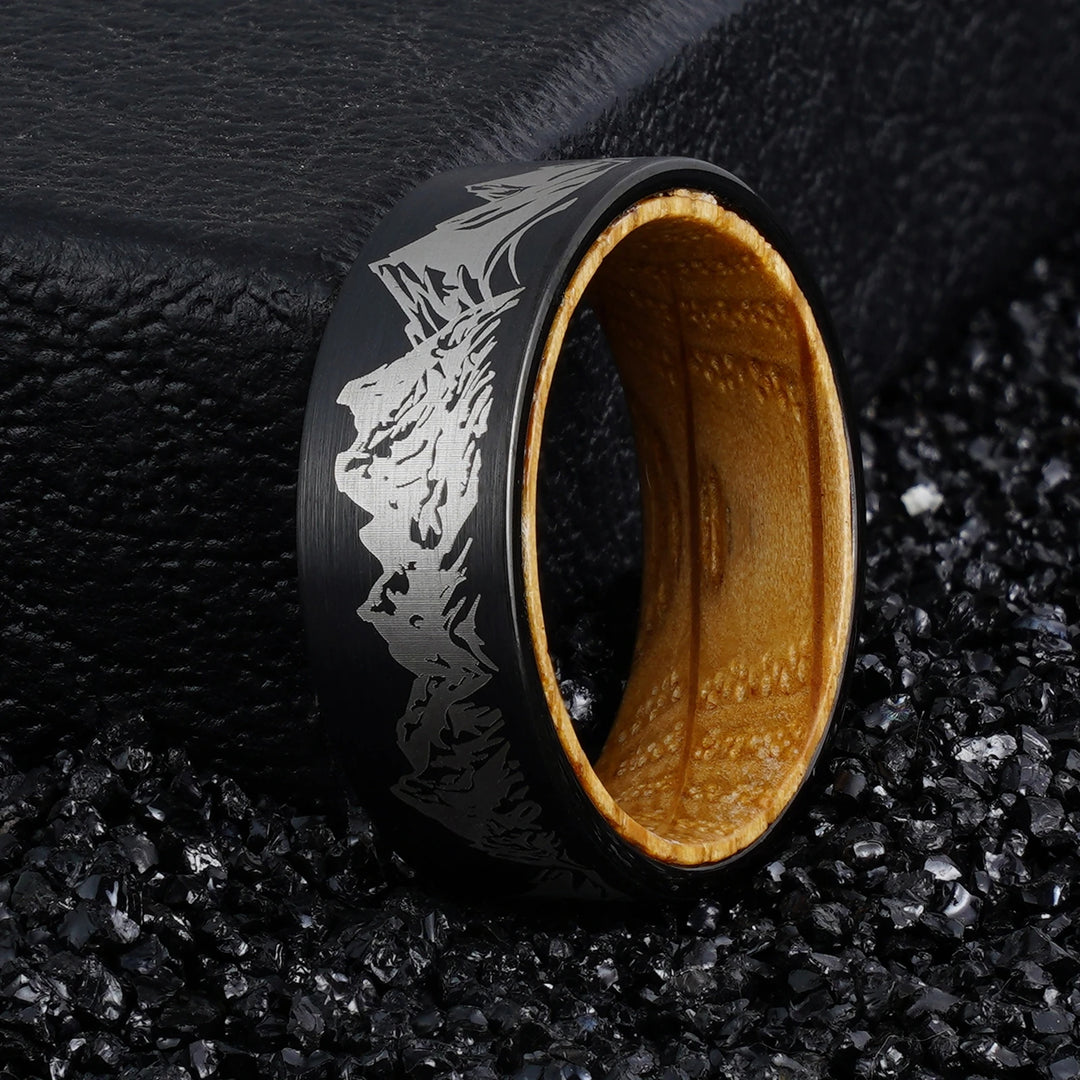 Whiskey Wood Liner And Mountain Etched Tungsten Carbide Ring