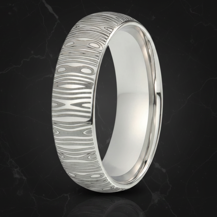 White Tungsten Damascus Ring