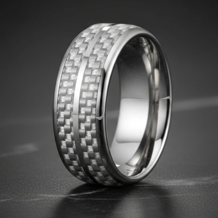 White Carbon Fiber Groove Tungsten Band