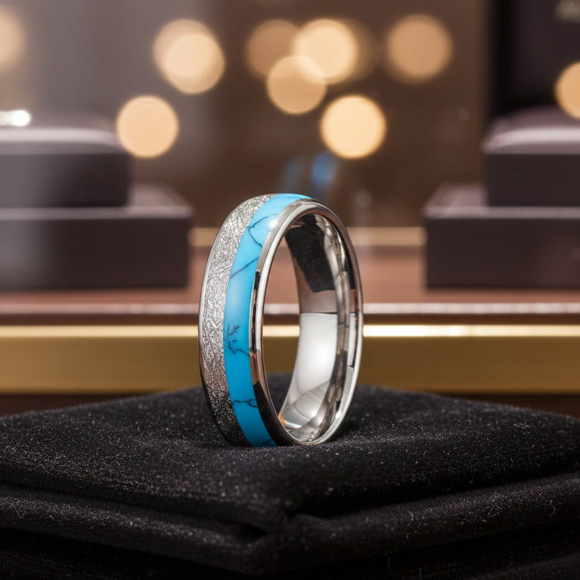 White Meteorite Turquoise Tungsten Ring 6mm