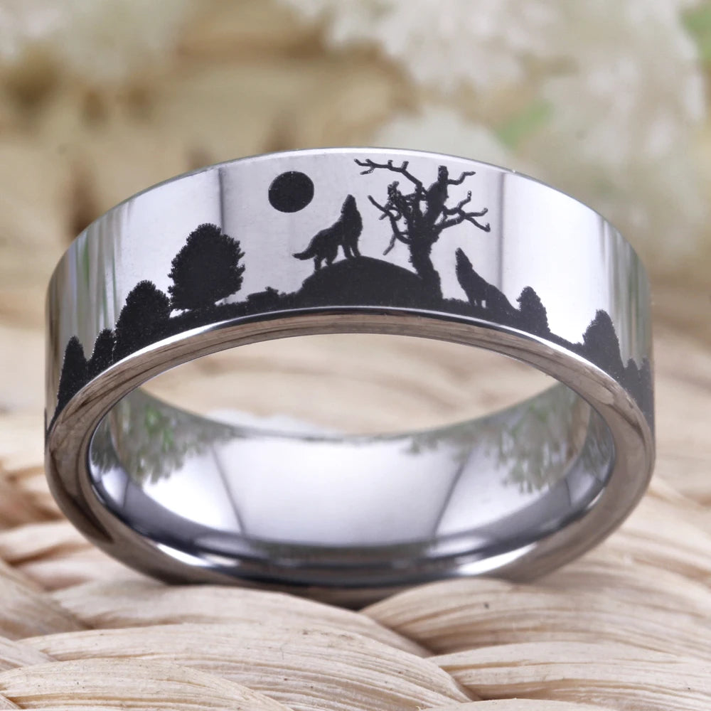 Wolf Design Silver Tungsten Ring