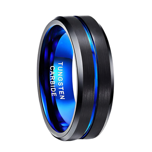 black and blue tungsten mens ring
