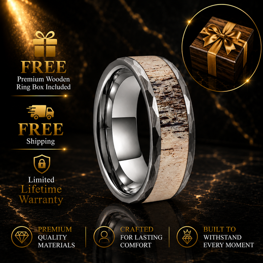 hammered-brushed-tungsten-ring-with-antler-inlay