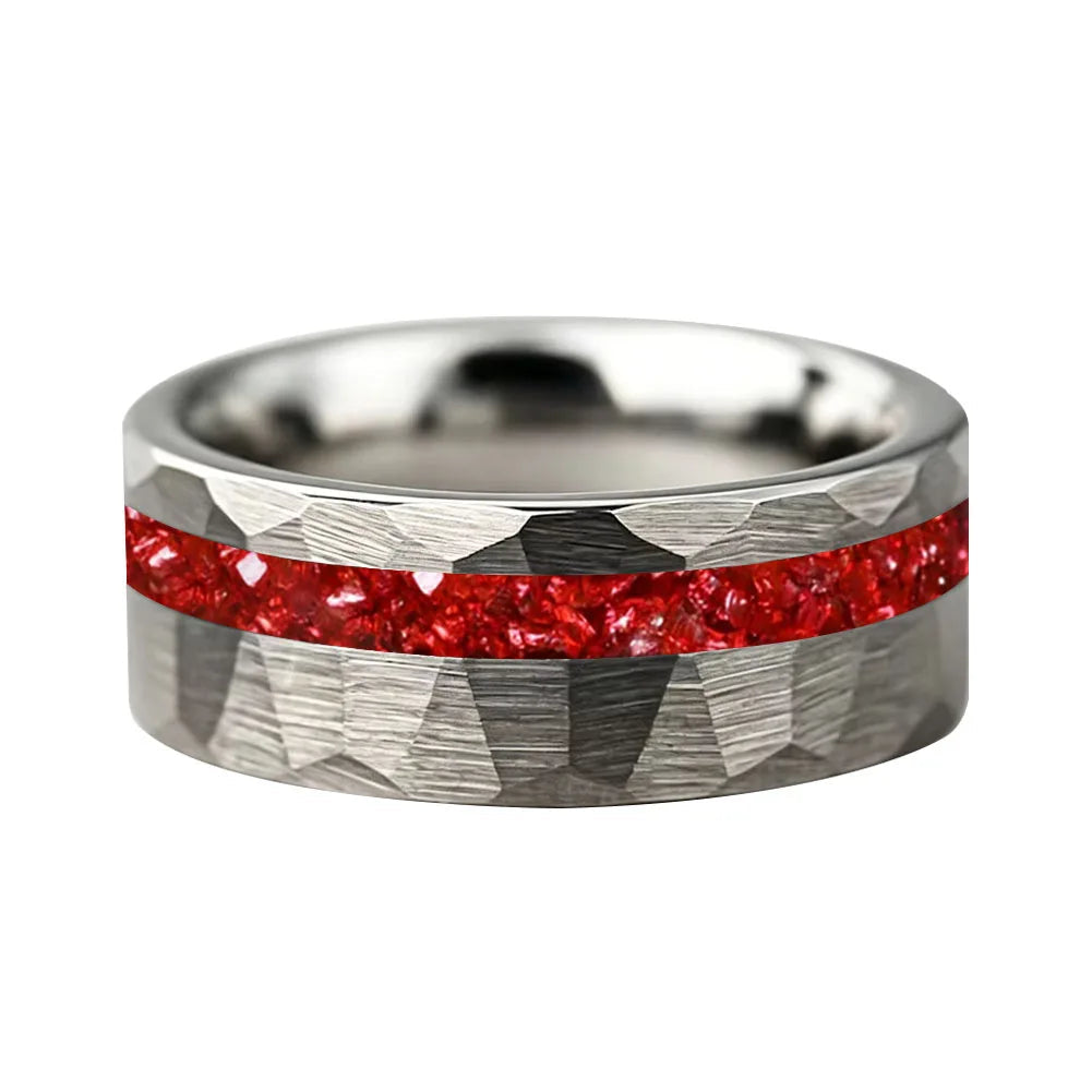 hammered tungsten carbide ring with red crystal stone