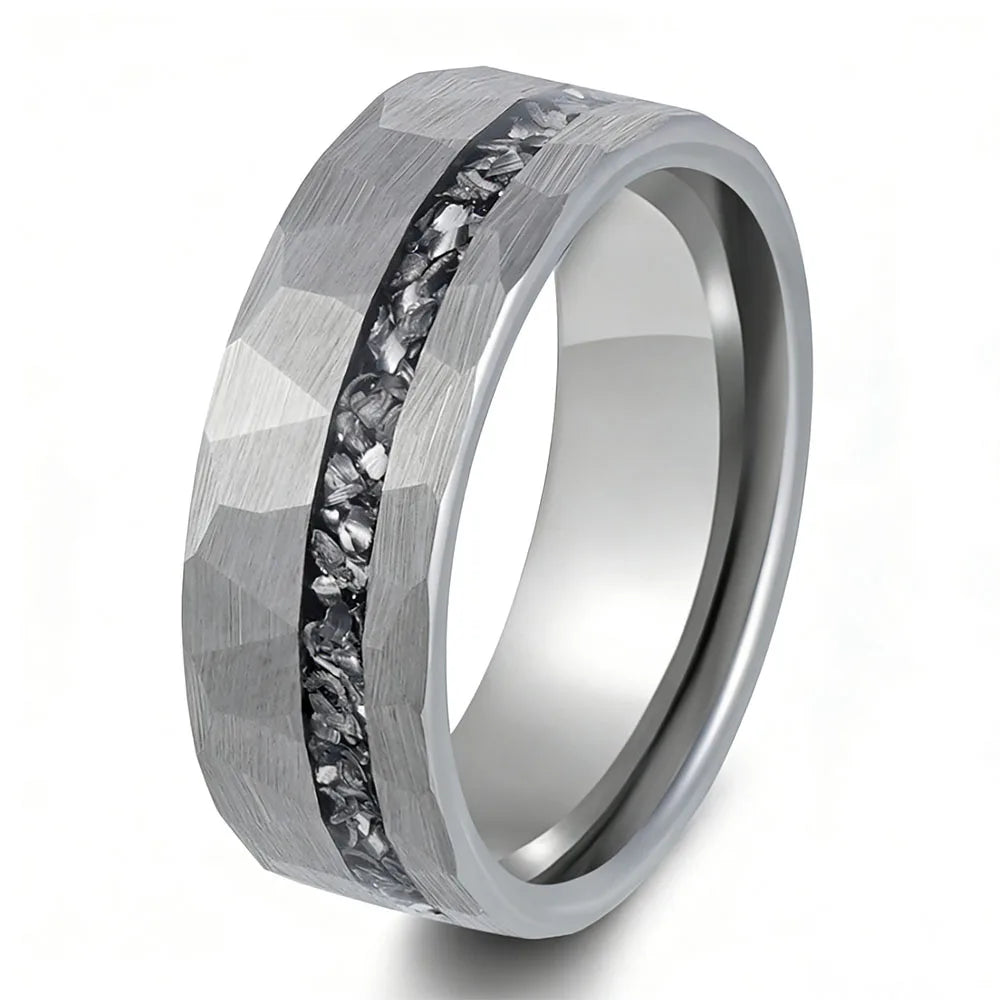 hammered tungsten ring iron filings opal inlay steel