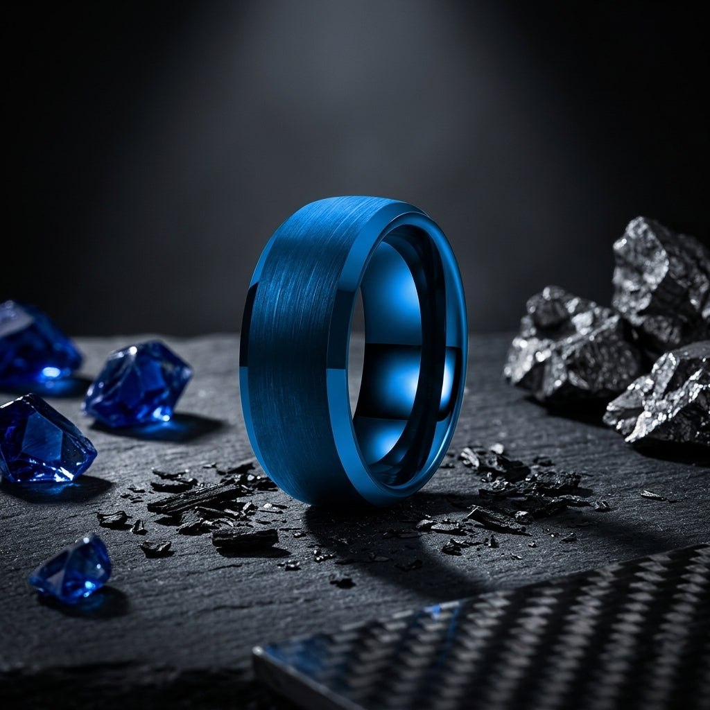 10MM Blue Tungsten Wedding Band with Brushed Domed Finish