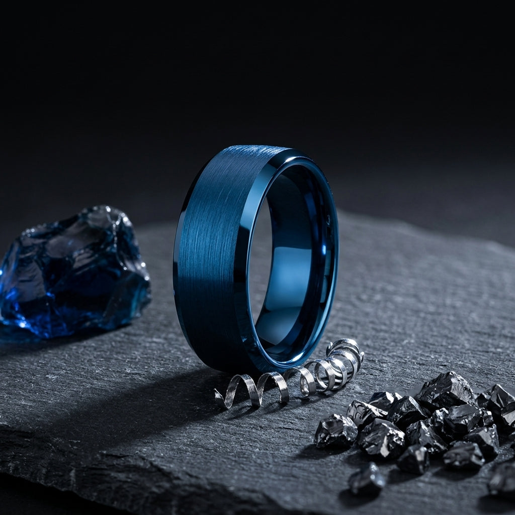 10MM Blue Tungsten Wedding Band with Brushed Domed Finish