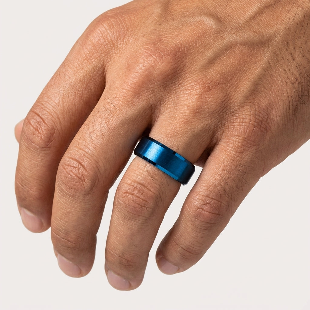 10MM Blue Tungsten Wedding Band with Brushed Domed Finish