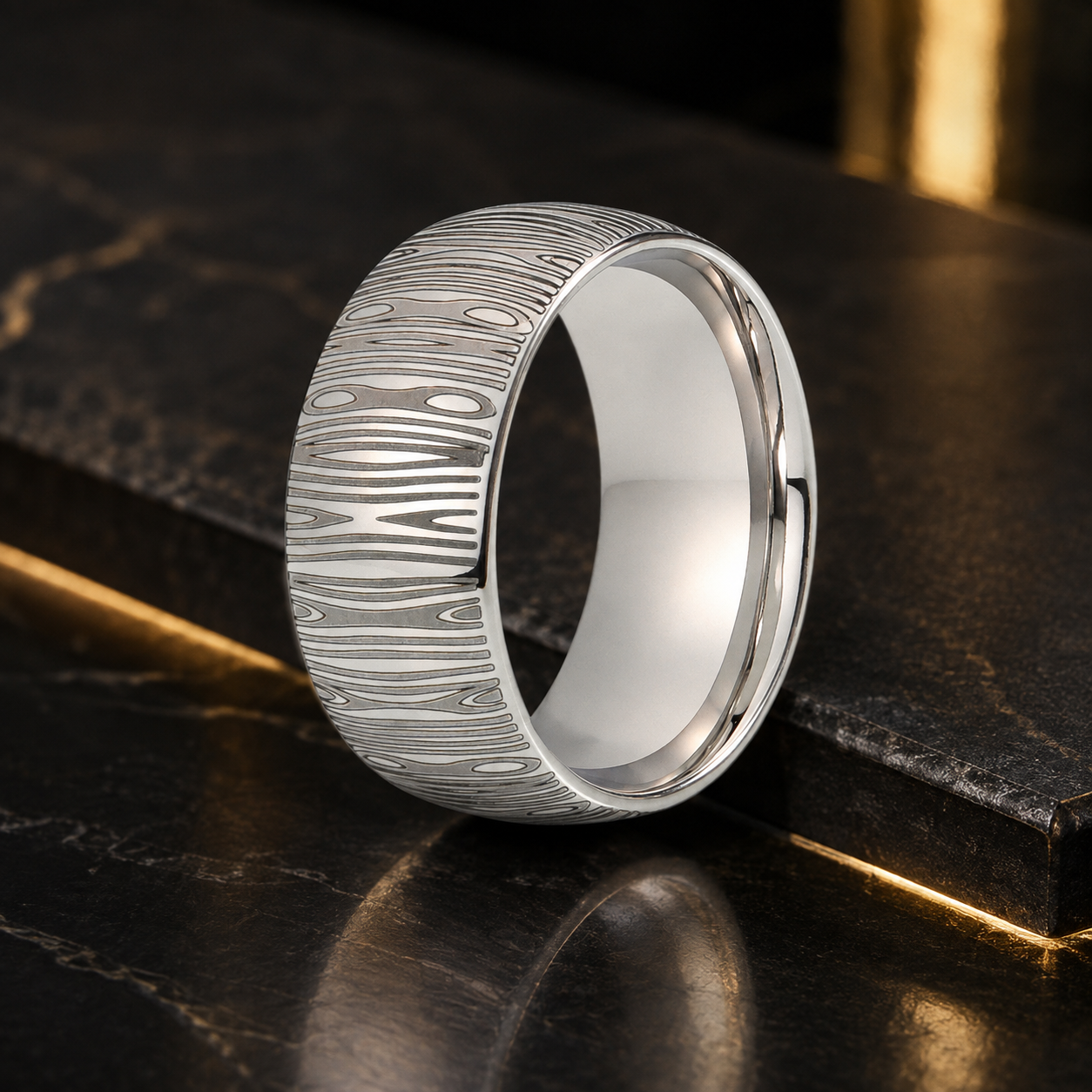 10mm Domed Tungsten Ring with Damascus Laser Engraving
