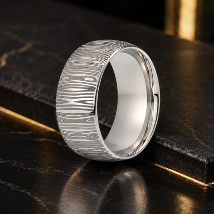 10mm Domed Tungsten Ring with Damascus Laser Engraving