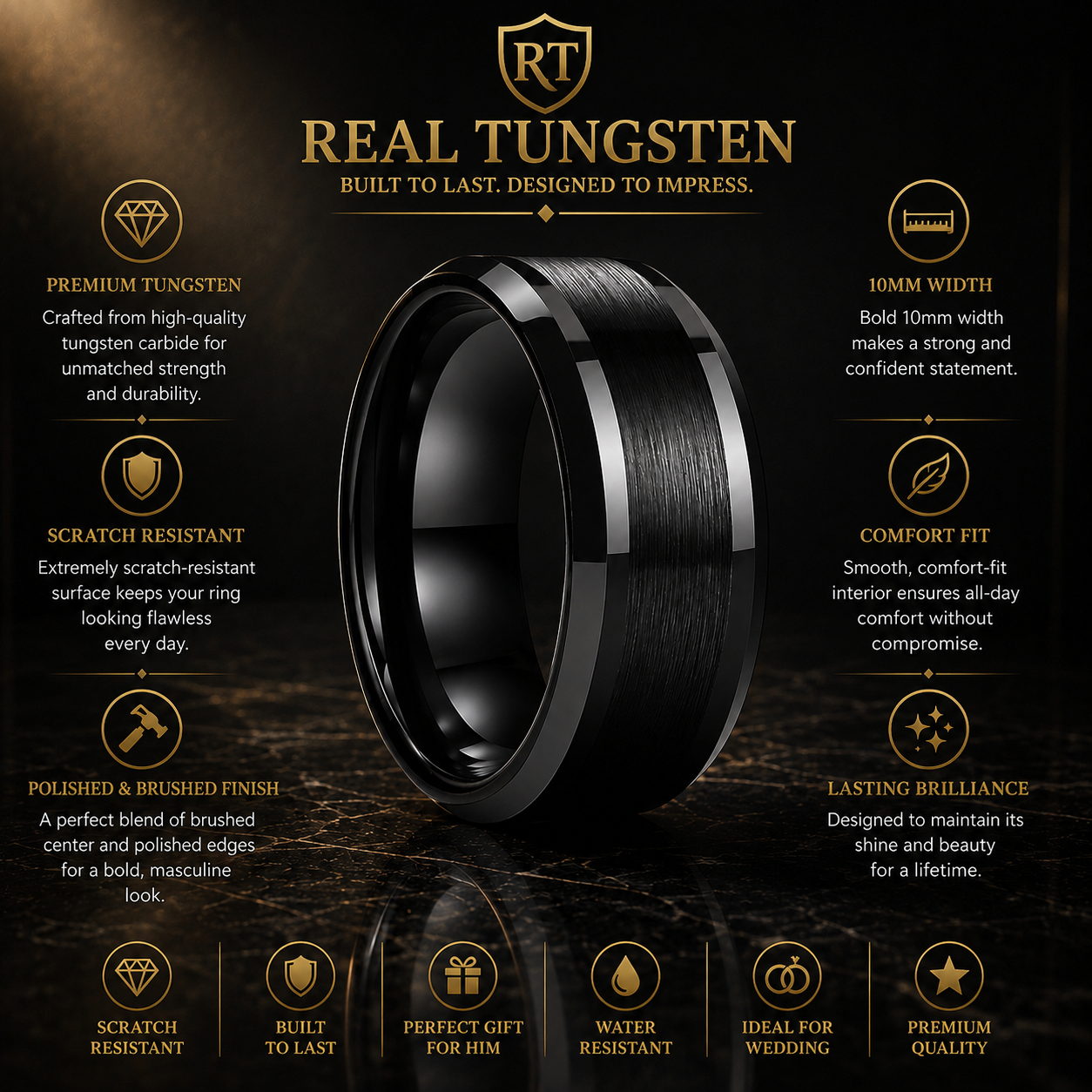 10mm Black Tungsten Ring for men.
