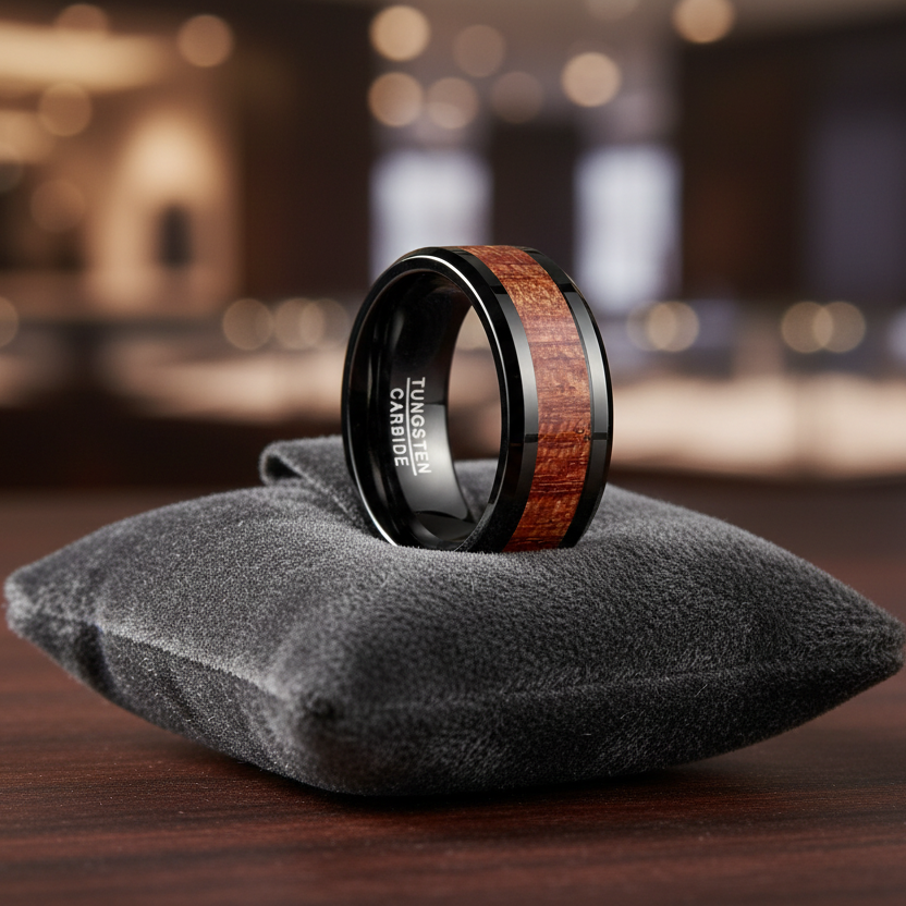 10mm Black Tungsten Rosewood Koa Wood Inlay Ring