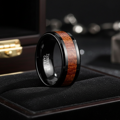 10mm Black Tungsten Rosewood Koa Wood Inlay Ring