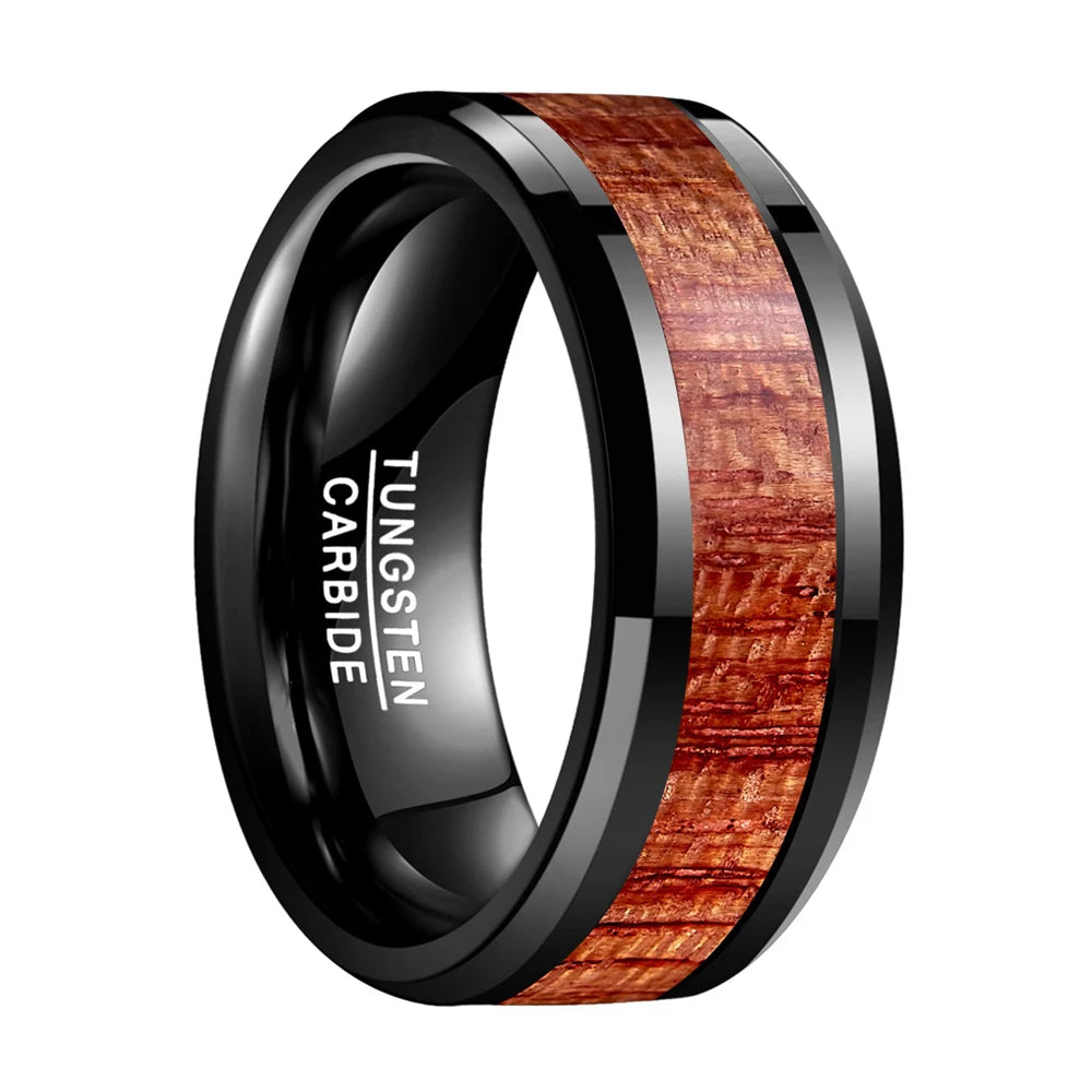 10mm Black Tungsten Rosewood Koa Wood Inlay Ring