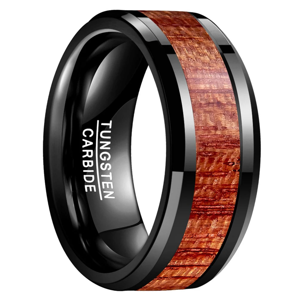 10mm Black Tungsten Rosewood Koa Wood Inlay Ring