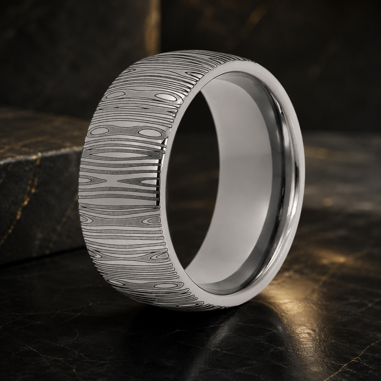 10mm Domed Tungsten Ring with Damascus Laser Engraving