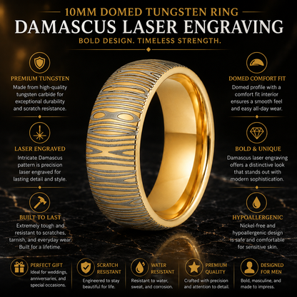 10mm Domed Tungsten Ring with Damascus Laser Engraving