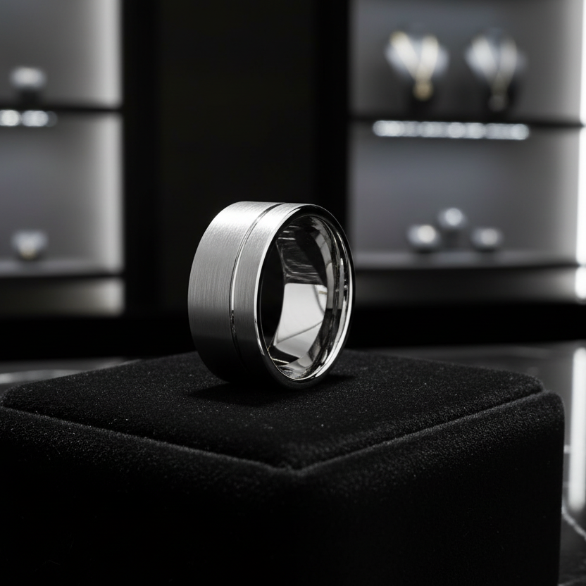 10mm Silver Tungsten Ring with Offset Line