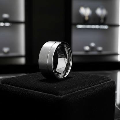 10mm Silver Tungsten Ring with Offset Line
