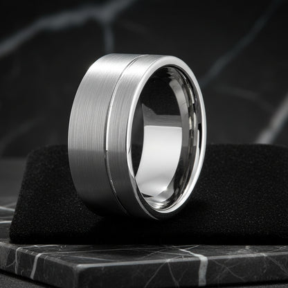 10mm Silver Tungsten Ring with Offset Line